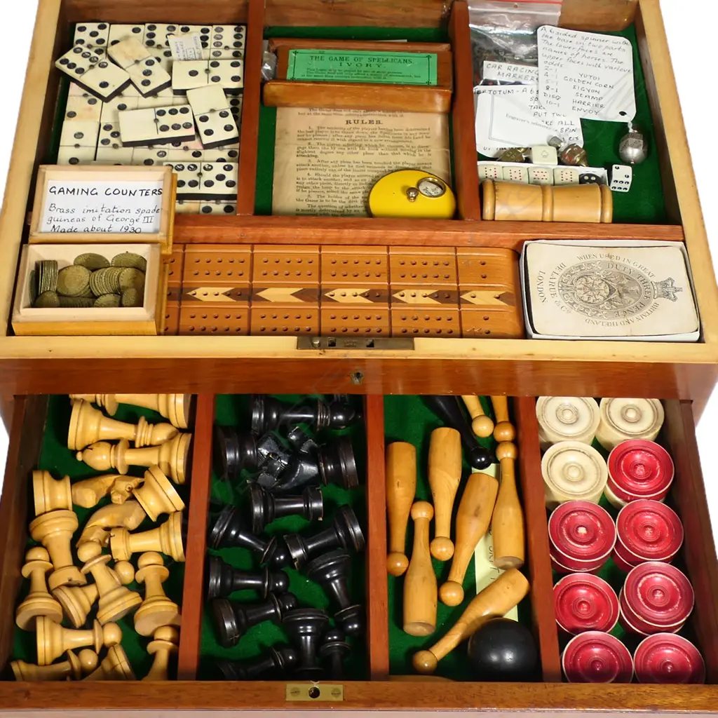 A games box, containing chess and draughtsmen, dominoes, cribbage board, game counters and marker, dice, cards, table skittles and Spellicans game, Image 1++