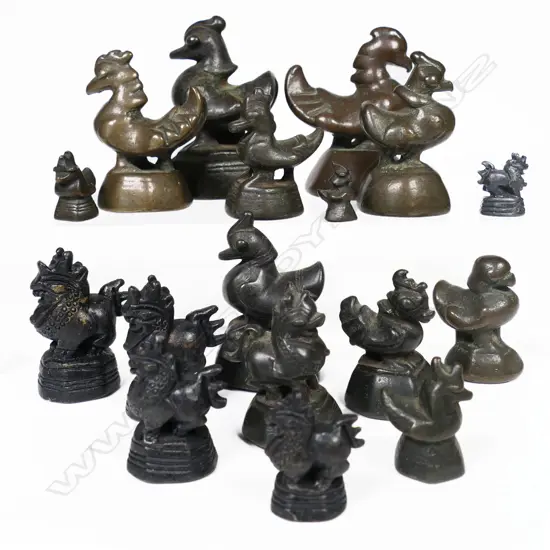 Two mixed sets of Burmese bronze 'opium' weights, of classic bird form