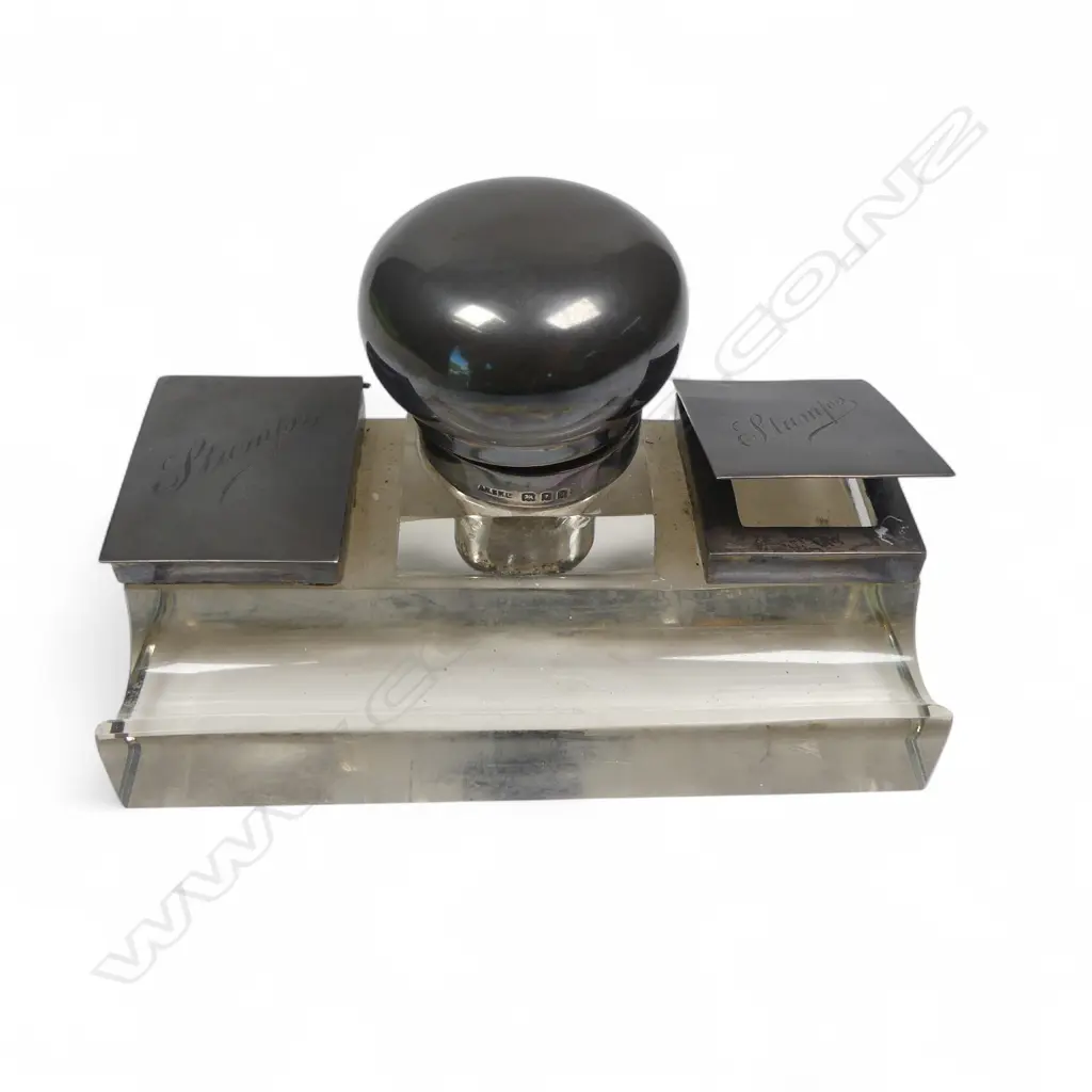 A silver and glass desk top standish with central inkwell flanked by two stamp boxes, London 1922, Image 1++