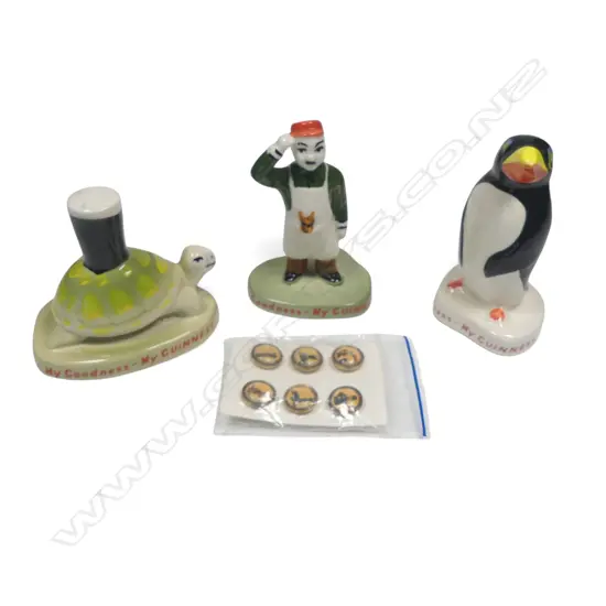 'My Goodness - My Guinness', three Carlton ware promotional figures, along with a set of six Guinness waistcoat buttons.