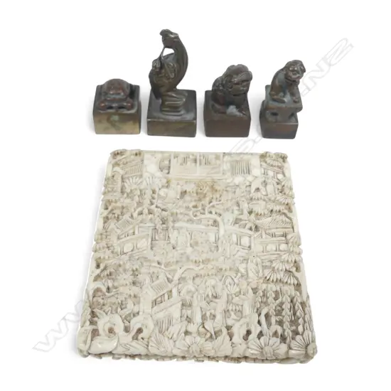 Finely carved Chinese ivory card case, lower section only, 77 x 67mm and four small Chinese bronze chop seals, two engraved.