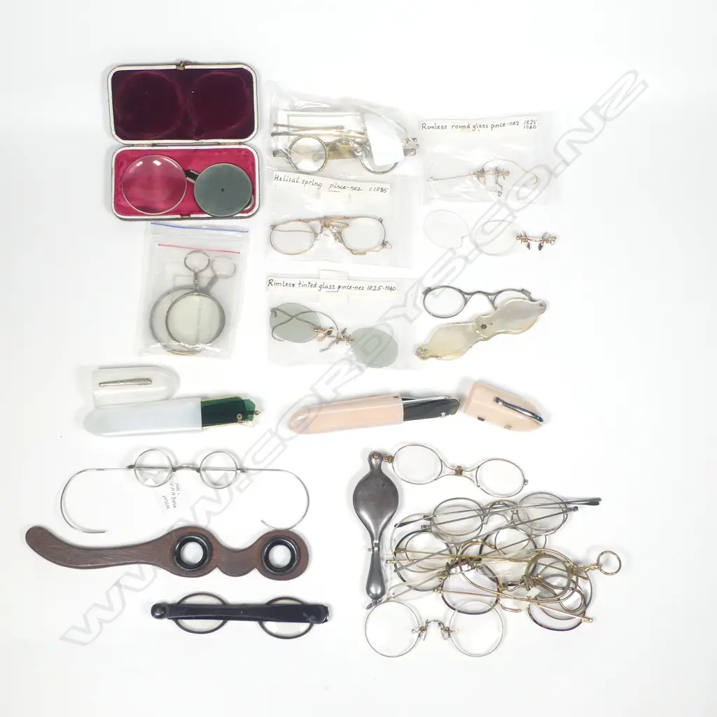 Pince nez and early spectacles of various designs, lorgnettes and two pair of 1960s folding pocket sunglasses. Image 1++
