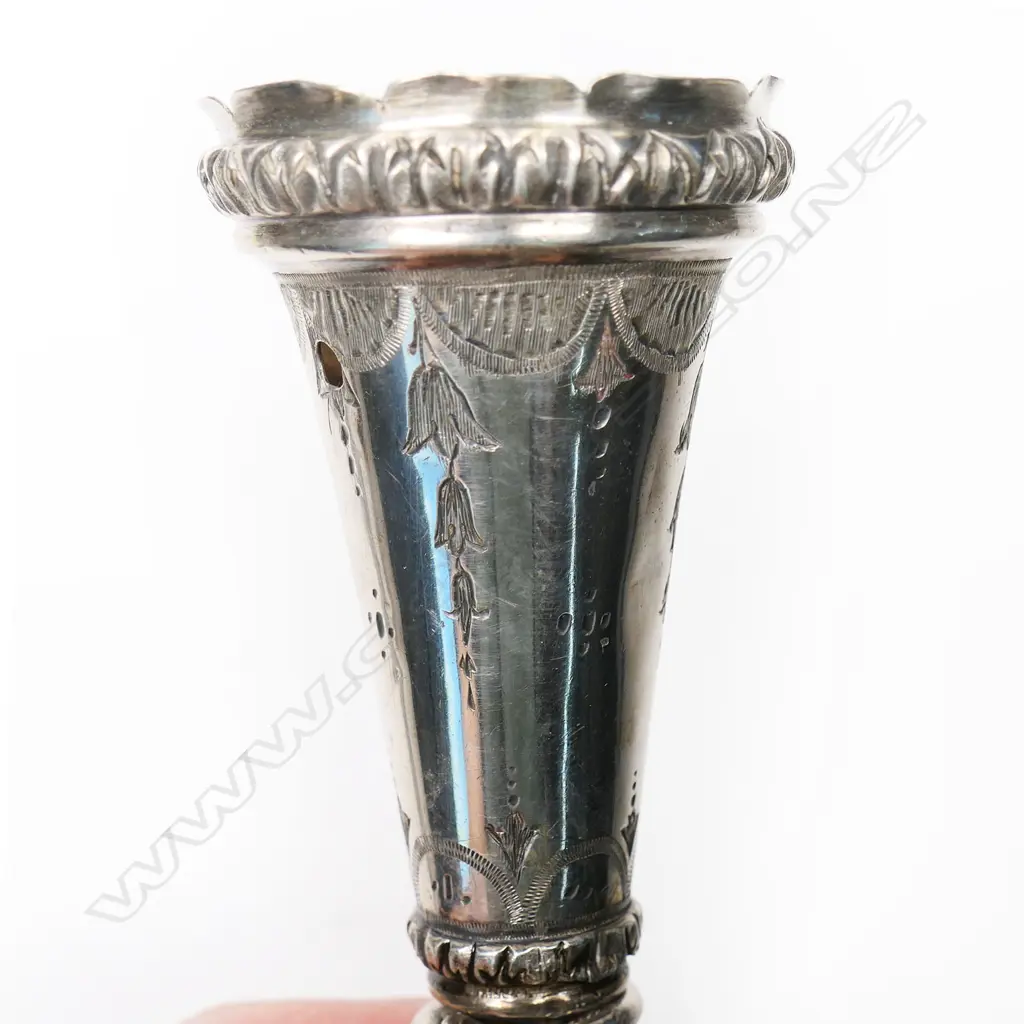 Late 19thC silver plated posy or nosegay holder, the cone engraved with swags and hops, on a tapering handle with acanthus knops. H.155m Image 1++