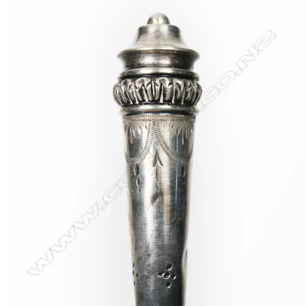 Late 19thC silver plated posy or nosegay holder, the cone engraved with swags and hops, on a tapering handle with acanthus knops. H.155m Image 1++