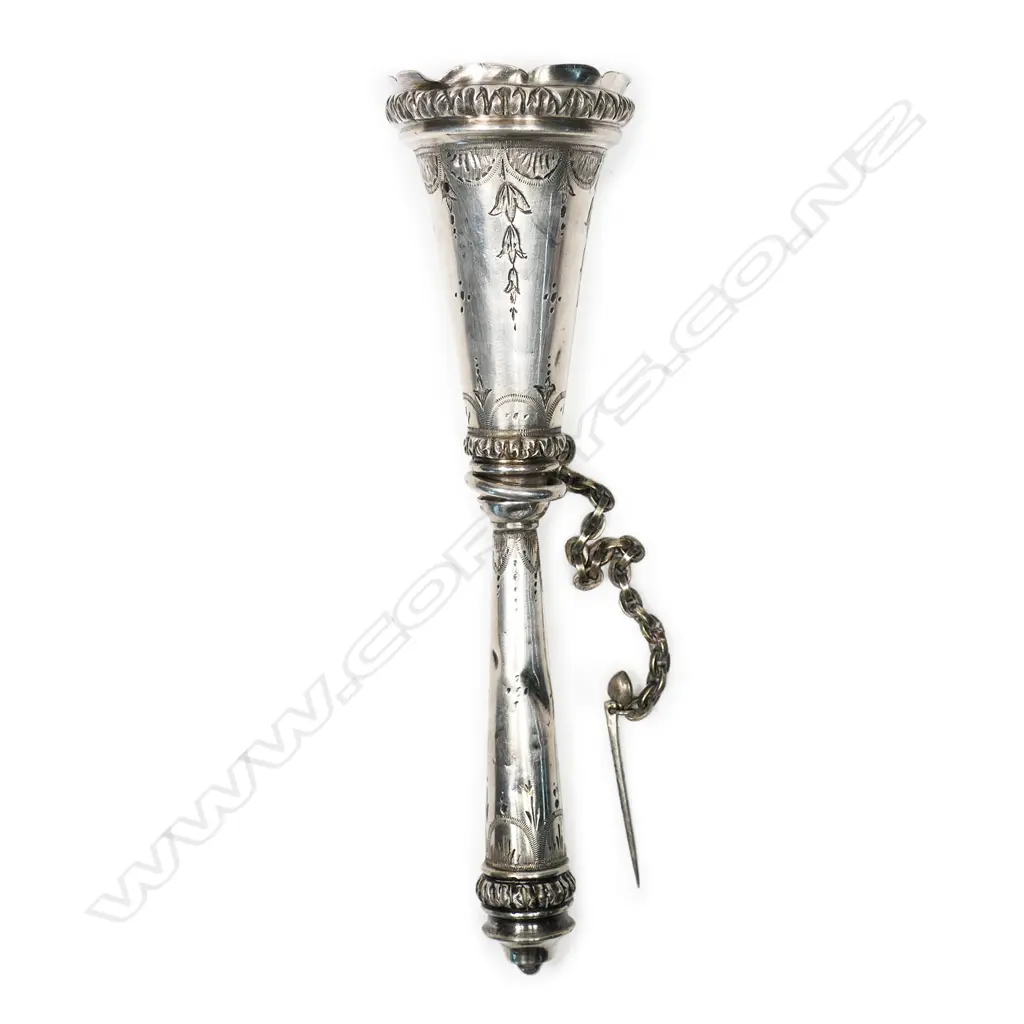 Late 19thC silver plated posy or nosegay holder, the cone engraved with swags and hops, on a tapering handle with acanthus knops. H.155m Image 1++