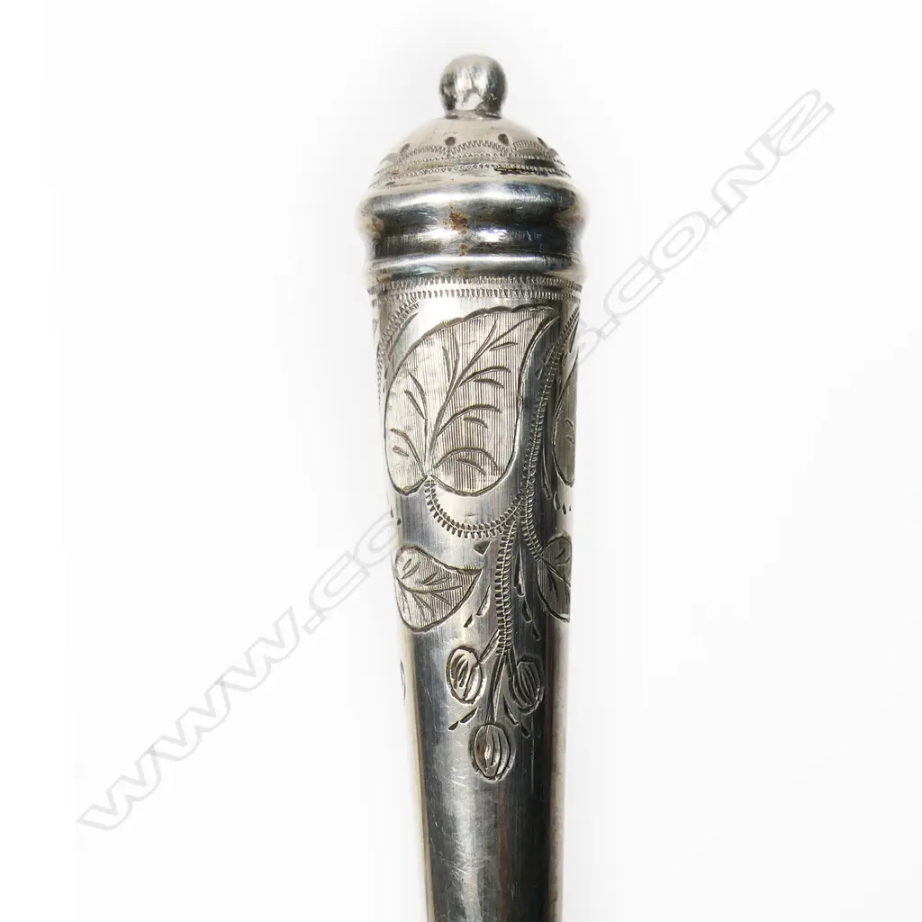 An Edwardian silver plated tussie-mussie of bouquet holder, the cone pierced and engraved with ivy leaves, on a tapering handle with conforming engraving. H.160mm Image 1++