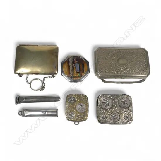 A silver plated visiting card purse, finger purse, two silo coin holders, a powder compact decorated with Guide Rangi, a lapel button hole corsage holder and a cigarette holder case.