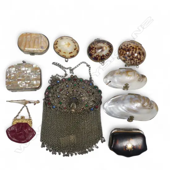 French 1880s piqué tortoiseshell change purse; a bejewelled peacock mesh purse and a collection of seaside souvenir shell purses.