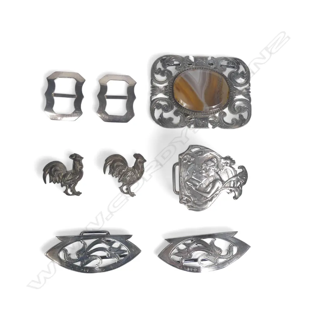A NZ silver and agate belt buckle by Hosie & Bell*; a two piece sash belt buckle B'ham 1910; a pair of shoe buckles B'ham 1909; half an Art Nouveau buckle B'ham 1903; pair hat pin cockerel finials B'ham 1909. Image 1++
