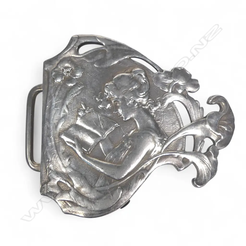 A NZ silver and agate belt buckle by Hosie & Bell*; a two piece sash belt buckle B'ham 1910; a pair of shoe buckles B'ham 1909; half an Art Nouveau buckle B'ham 1903; pair hat pin cockerel finials B'ham 1909. Image 1++
