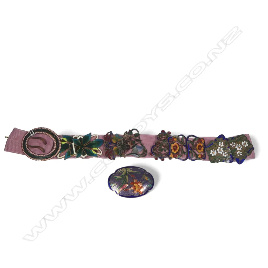 Three two-piece enamel sash belt buckles, Edwardian period and later; along with three half buckles, an oval buckle and an enamel plaque. Image 1++