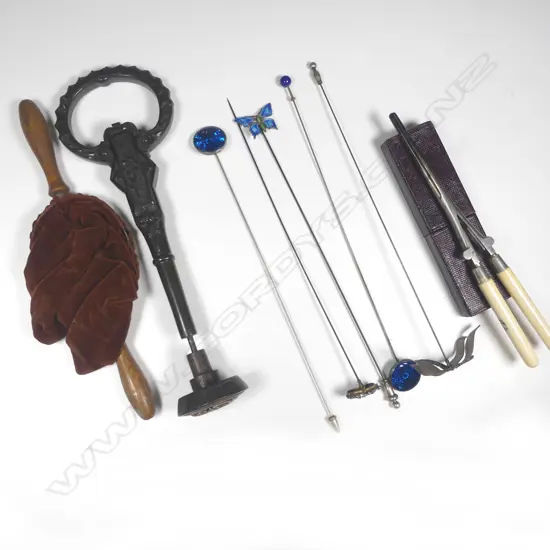 Bakelite parasol handle (with hidden compartments), pair bone handled folding hair tongs (in original case); five hat pins (one silver enamel) church collection bag, and a bone inlaid parasol knob.