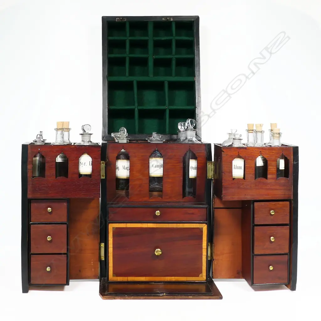 A George III period mahogany apothecary box, of tall oblong form with satinwood clashing and corners to the hinged lid, fitted with a stirrup handle. The front opening wing doors revealing an interior of 18 compartments and glass bottles, the front partitions pierced with Gothic openings to reveal the bottle labels, Image 1++
