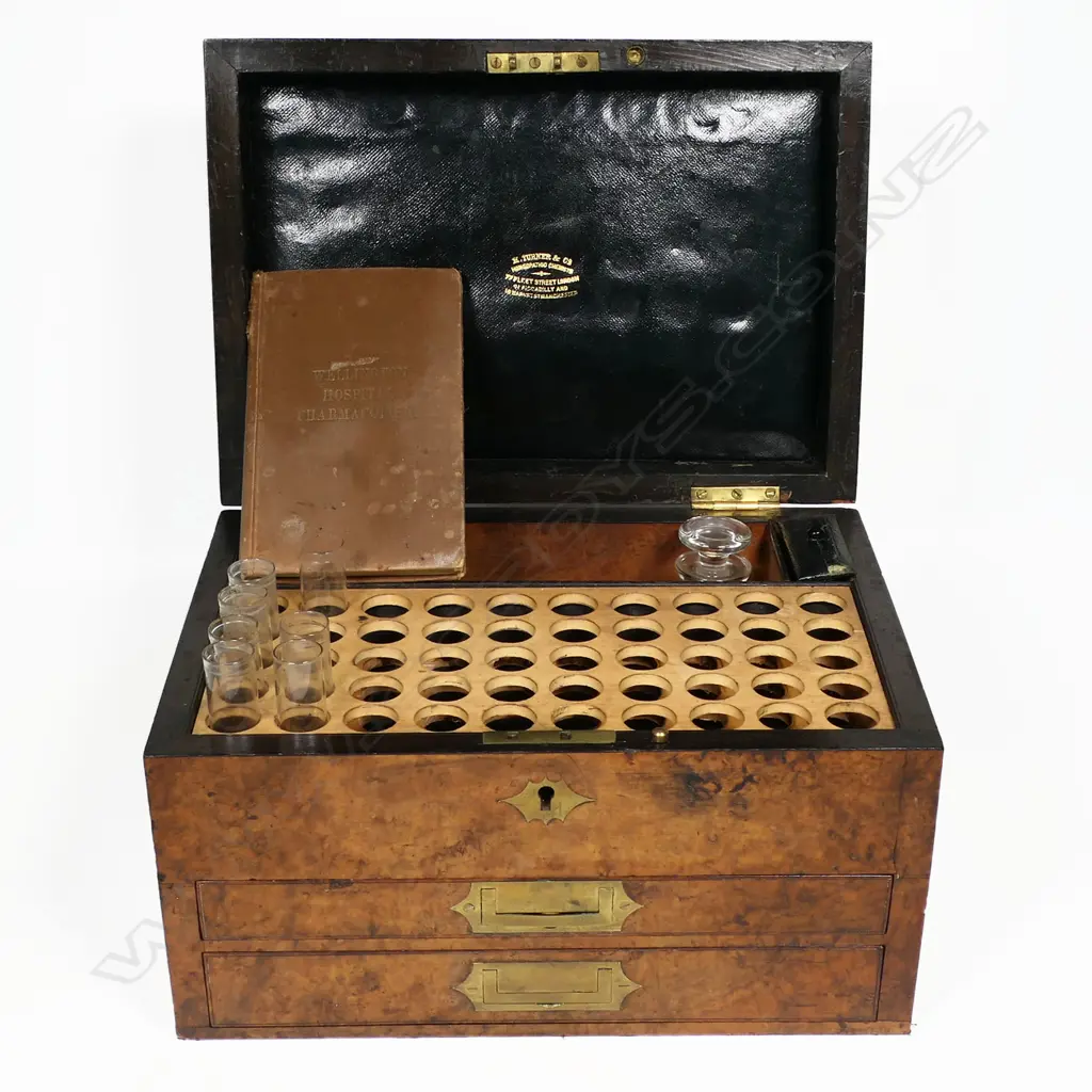 A 19thC homeopathic apothacary box with two fitted drawers, Image 1++