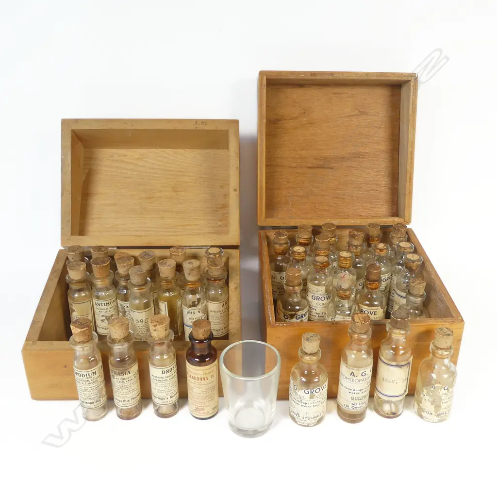 Two boxes of ~37 tincture vials bearing labels of an early 20thC New Zealand homeopathic consultant and a pharmacy - Marriage's Pharmacy and A.G. Grove, both of Queen St. Image 1++