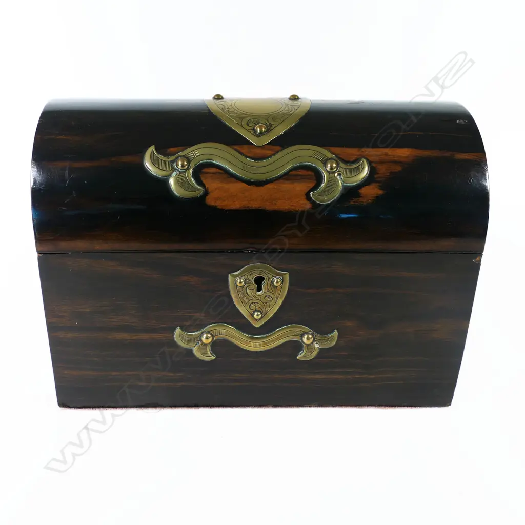 A Victorian coromandel wood domed stationery box, with bold brass Mediaeval inspired mounts, Image 1++