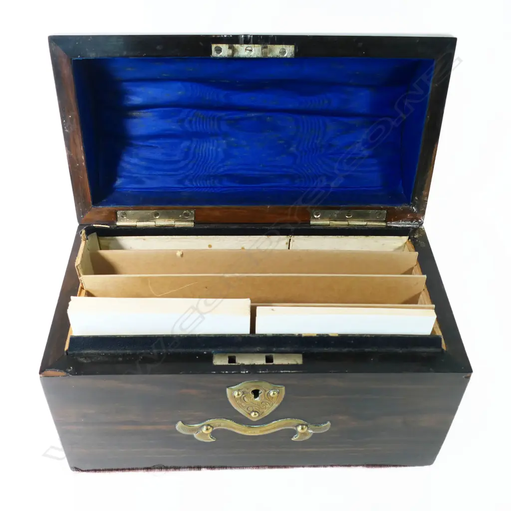 A Victorian coromandel wood domed stationery box, with bold brass Mediaeval inspired mounts, Image 1++