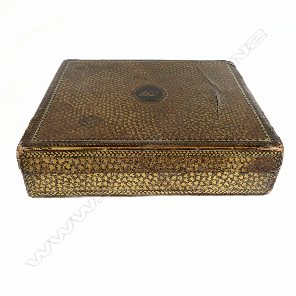 An 18thC multiple boxed set of approximately 310 bespoke engraved Chinese mother-of-pearl gaming counters, housed in a square lidded box holding five further boxes, each gold lacquered and monogrammed 'FS' to the lids, circa 1790 Image 1++