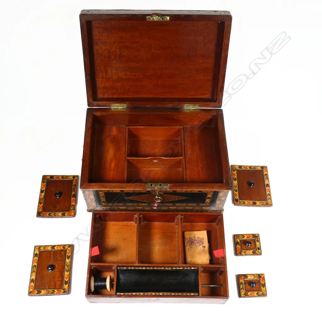 An ornate 19thC Tunbridge ware work box, with multiple chevron and ribbon bands to the top and walls. The interior with lidded compartments to a removeable top tier. The lower tier with a lift out tray flanked by drawers. With keys. 330 x 220 x 155mm Image 1++