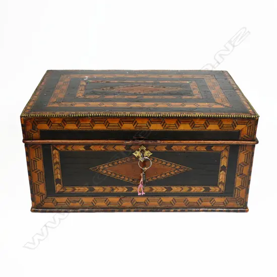 An ornate 19thC Tunbridge ware work box, with multiple chevron and ribbon bands to the top and walls. The interior with lidded compartments to a removeable top tier. The lower tier with a lift out tray flanked by drawers. With keys. 330 x 220 x 155mm