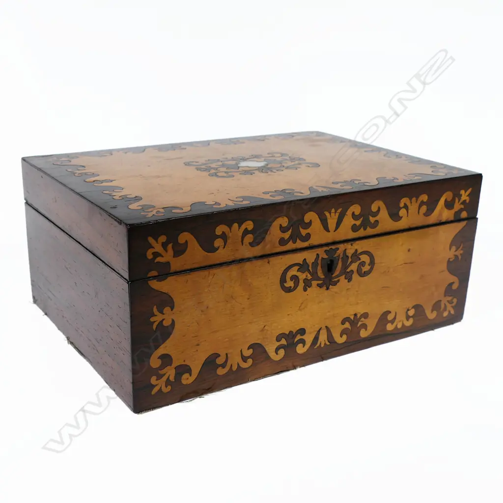 A Victorian maple and rosewood marquetry veneered workbox, relined with silk and containing mother-of-pearl bobbins, Image 1++