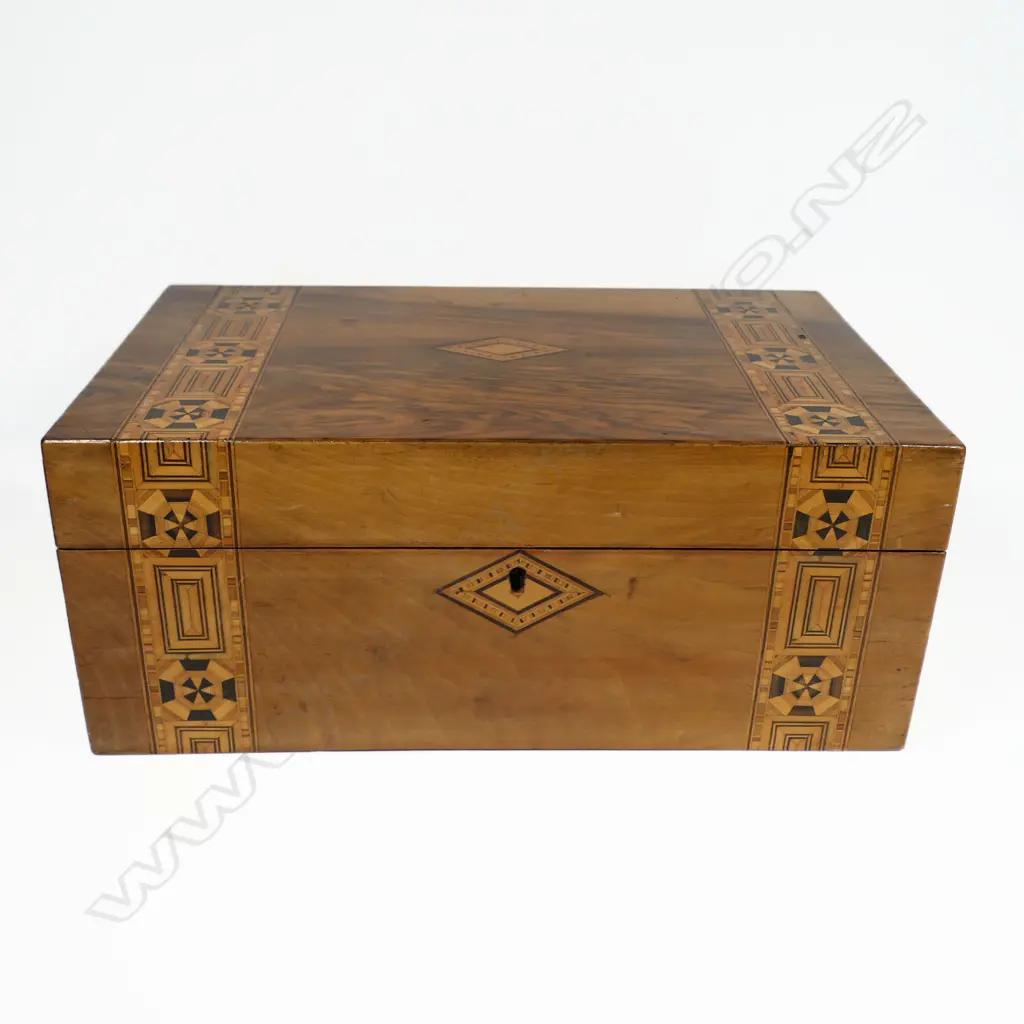 A Victorian Tunbridge-inlaid figured-walnut writing slope, with restored leather interior, complete with inkwell. 240 x 220 x 140mm Image 1++