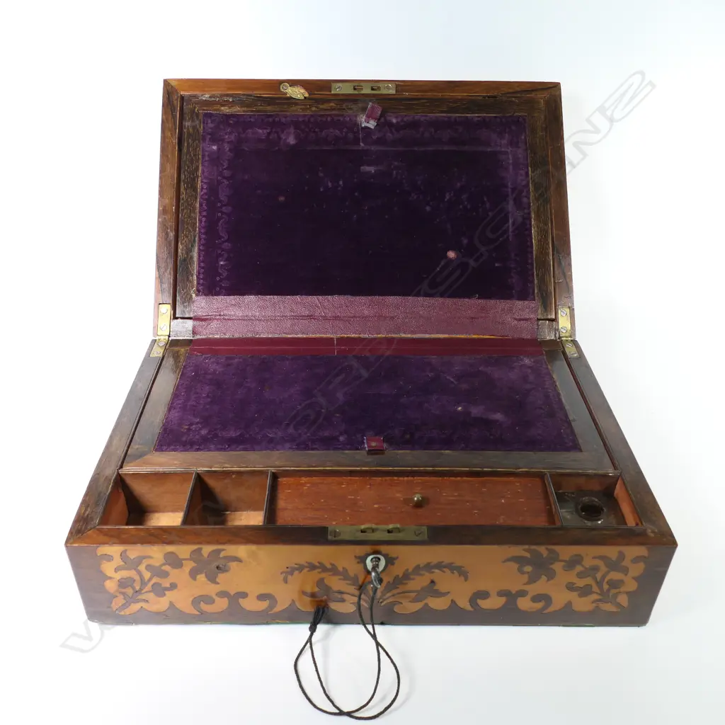 A Victorian birdseye maple and rosewood marquetry veneered workbox, with a symmetrical floral silhouette pattern. With key. 350 x 235 x 120mm Image 1++