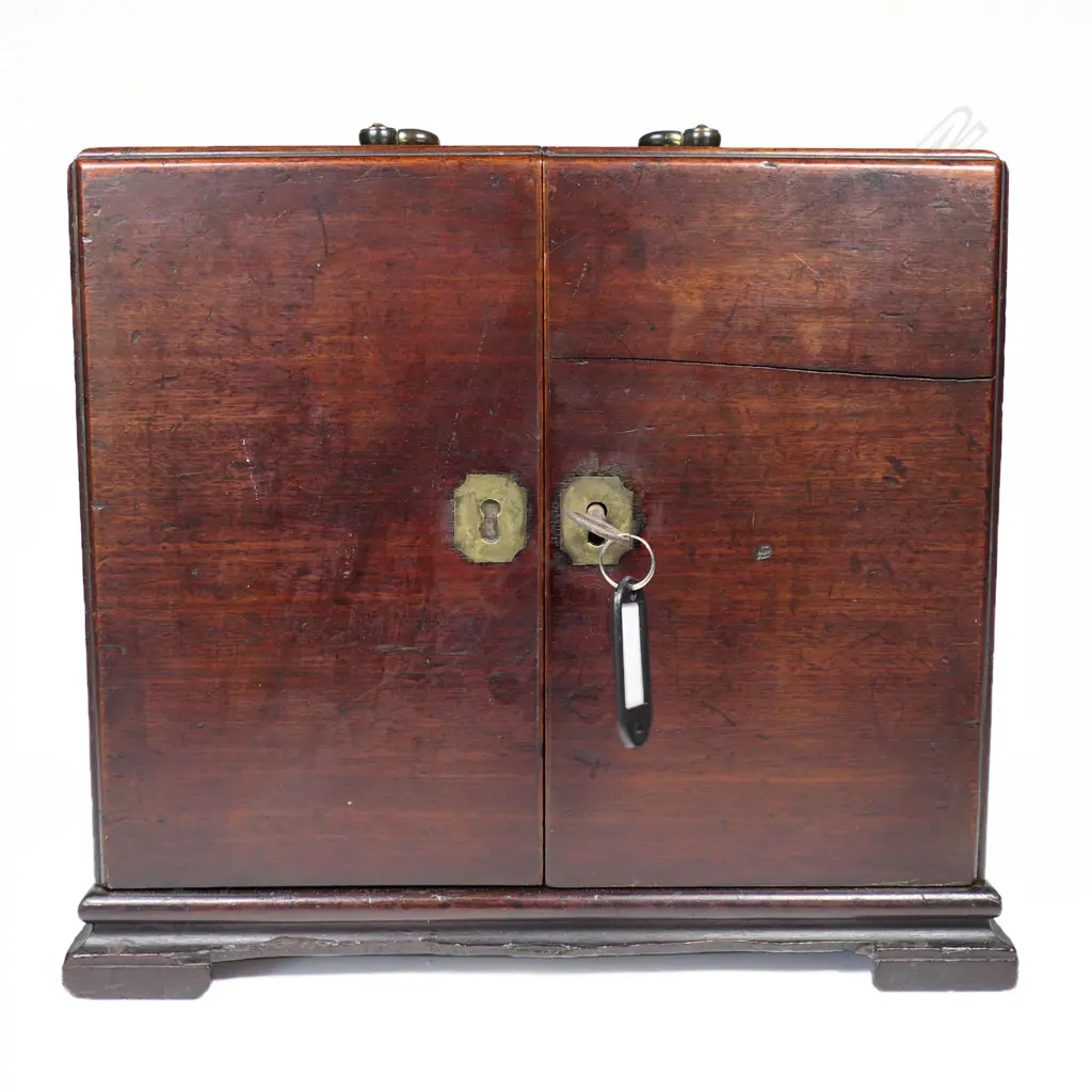 A good 19thC Cuban mahogany apothecary box, of plain oblong section with top brass bale handle and raised on ogee bracket feet, Image 1++