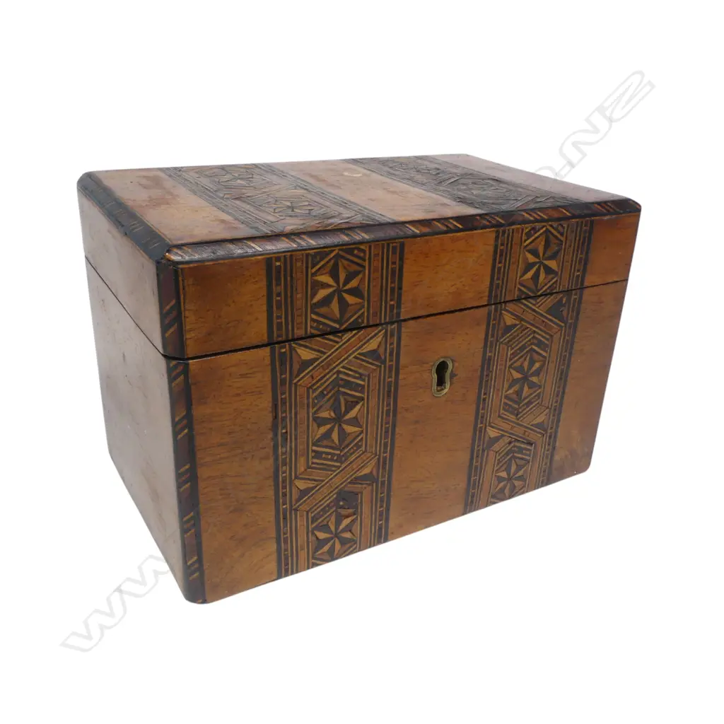 Small Tunbridge inlaid two compartment tea caddy. Some losses, 180 x 110 x 115mm. Image 1++
