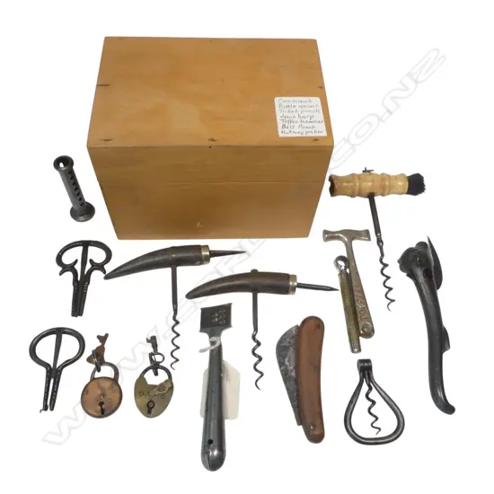 A box of vintage corkscrews, clasp knife, toffee hammer, nutmeg grater, bull's head can opener, etc