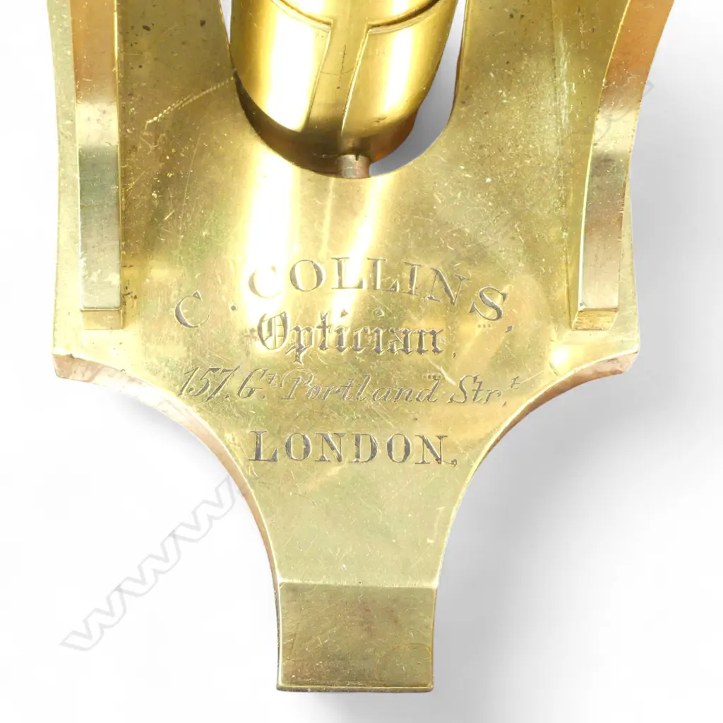 A 19thC brass monocular microscope by Charles Collins, Optician, 157 Gt. Portland St., London, Image 1++