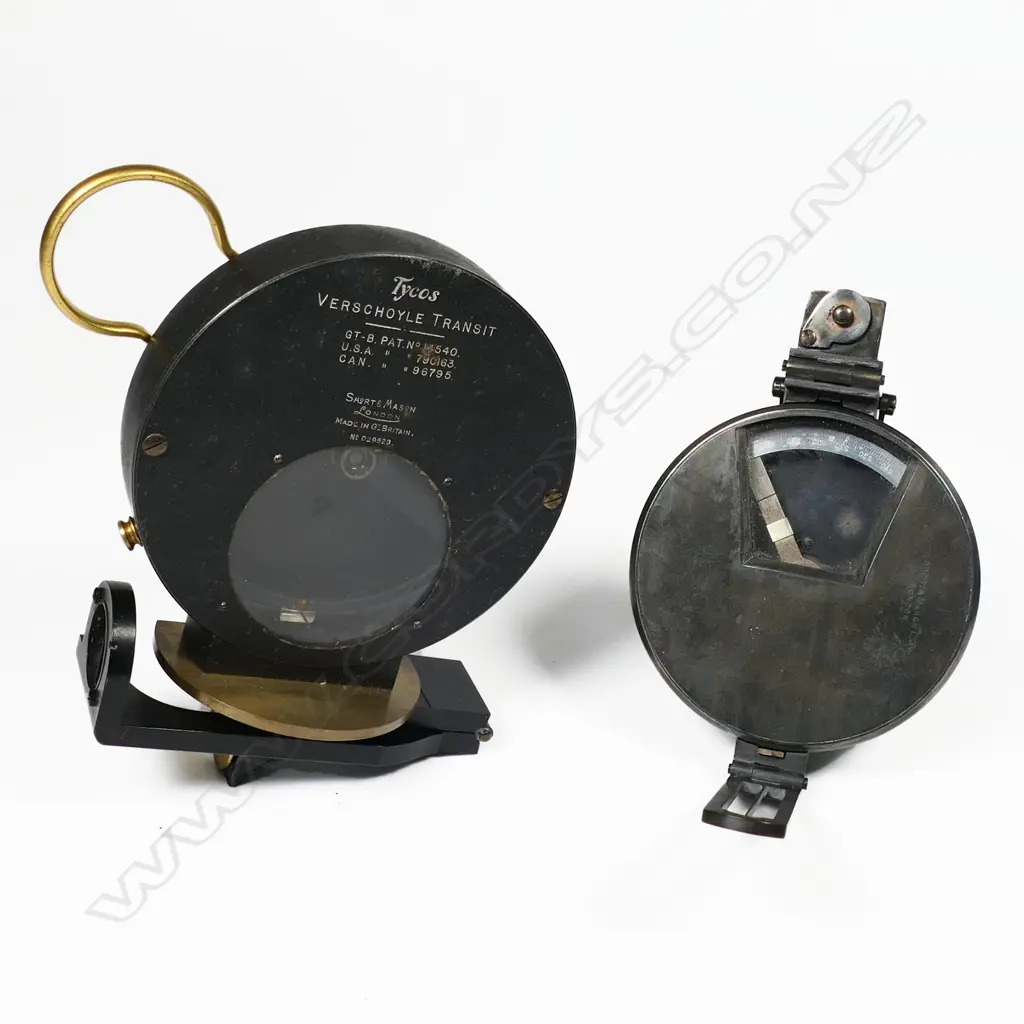 A Short & Mason black enamelled and gilt brass pocket 'Tycos' Verschoyle Transit* and a 70mm gunmetal prismatic survey compass on stem by the same maker. Image 1++