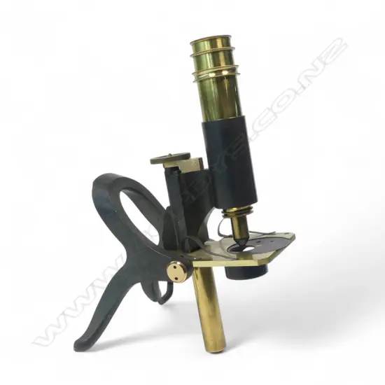 A 19thC polished and lacquered brass monocular student's microscope by J. Swift, 43 University St, London, WC,