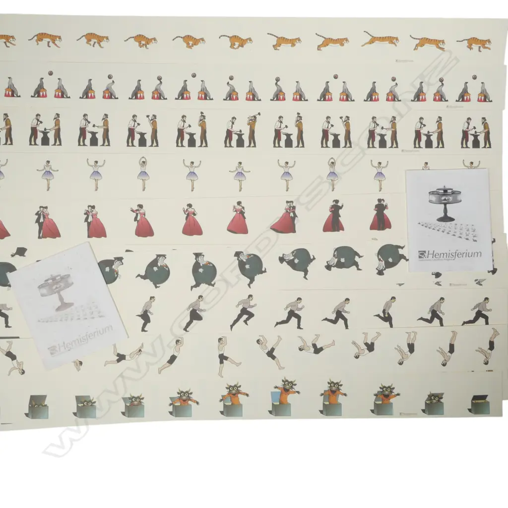 Two contemporary animation viewers by Hemisferium, a zoetrope and a praxinoscope, with approximately 30 animation strips, each rotating ring on turned wooden column base. H.220mm Image 1++