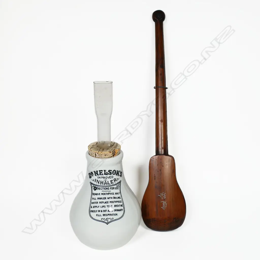 Dr. Nelson's Improved Inhaler, with glass mouthpiece; and a set of 19thC Chinese bone and brass balance scales in original bamboo banjo shaped case. L.350mm Image 1++
