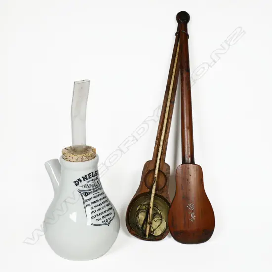 Dr. Nelson's Improved Inhaler, with glass mouthpiece; and a set of 19thC Chinese bone and brass balance scales in original bamboo banjo shaped case. L.350mm