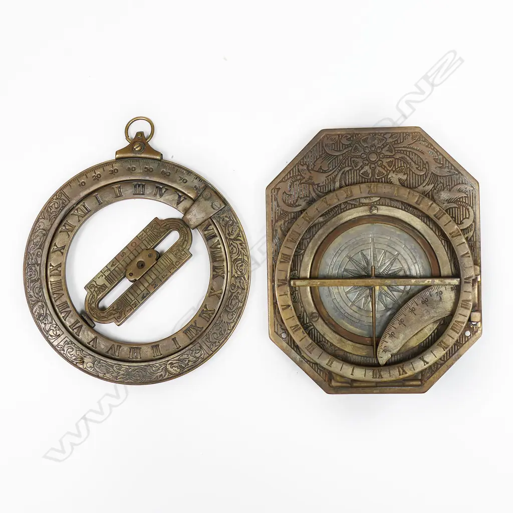 A 20thC brass replica equatorial sundial and armillary astrolabe sundial, Image 1++