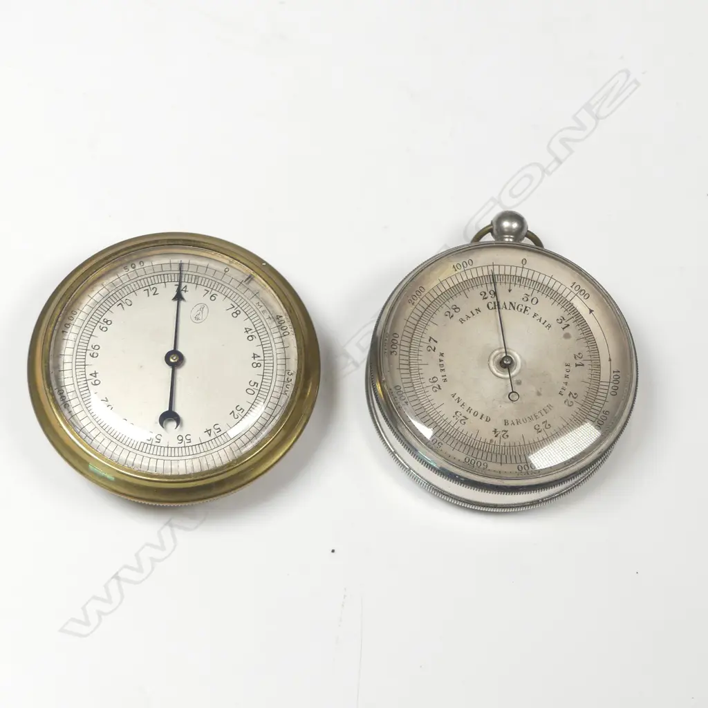 A brass cased small metric barometer-altimeter, and a silver plated cased French pocket aneroid barometer-altimeter, Image 1++