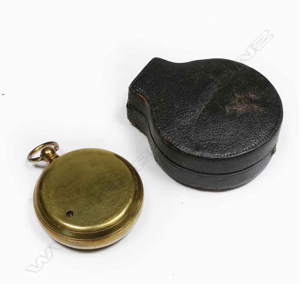 A 19thC brass cased open faced pocket barometer-altimeter in fabric lined brown leather case, Image 1++