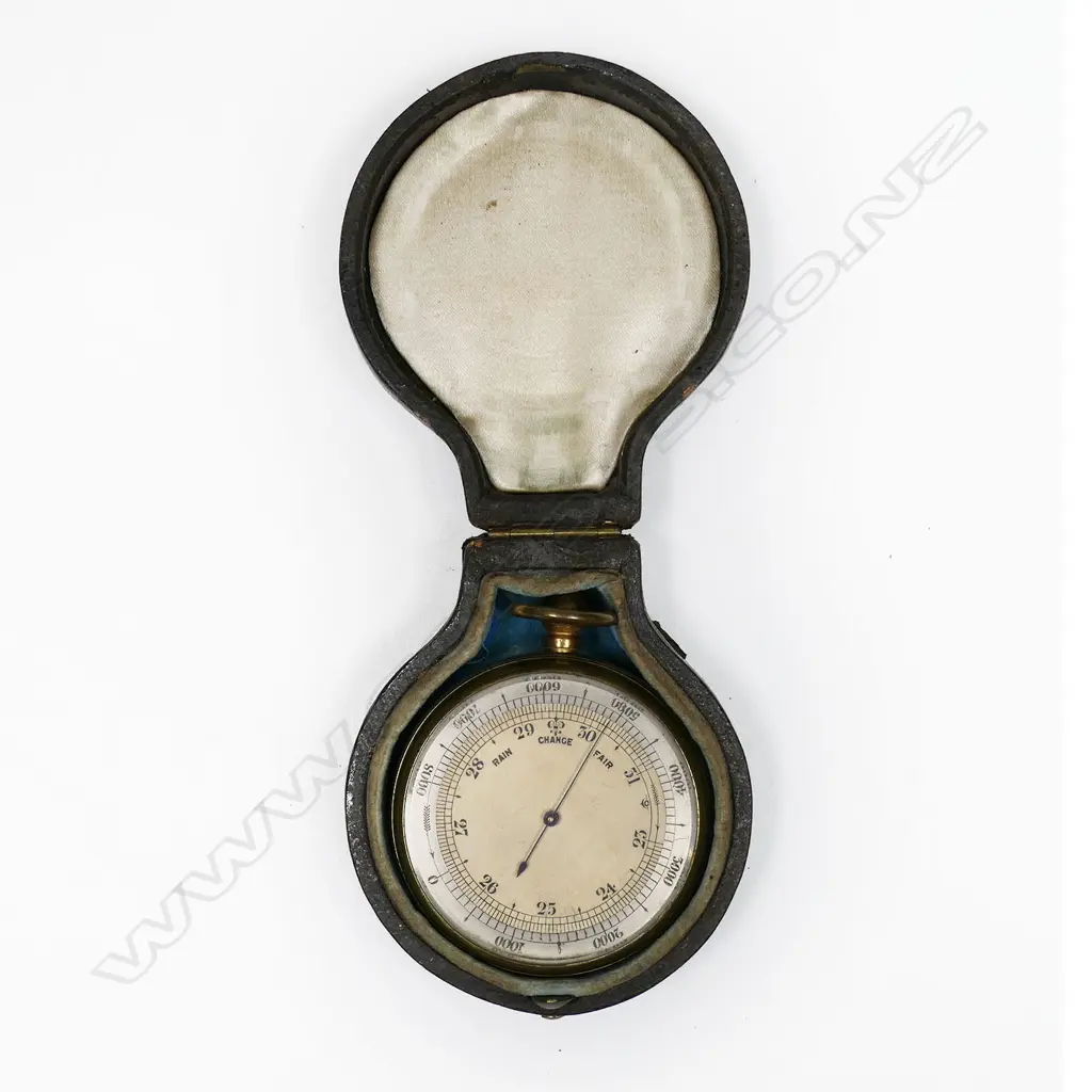 A 19thC brass cased open faced pocket barometer-altimeter in fabric lined brown leather case, Image 1++