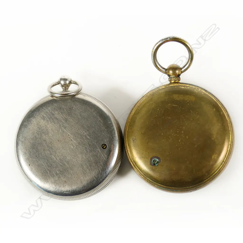 Two 19thC open face pocket barometer-altimeters, one brass the other silver plated, Image 1++