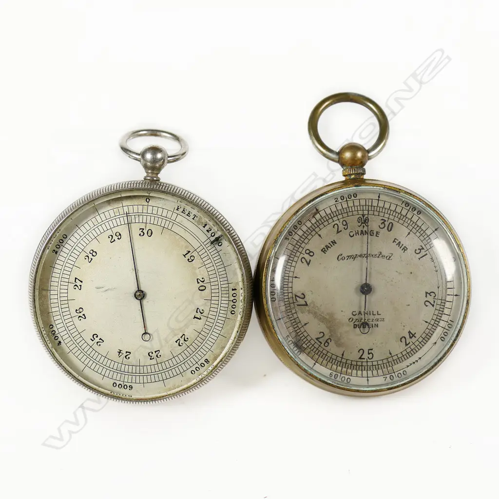 Two 19thC open face pocket barometer-altimeters, one brass the other silver plated, Image 1++