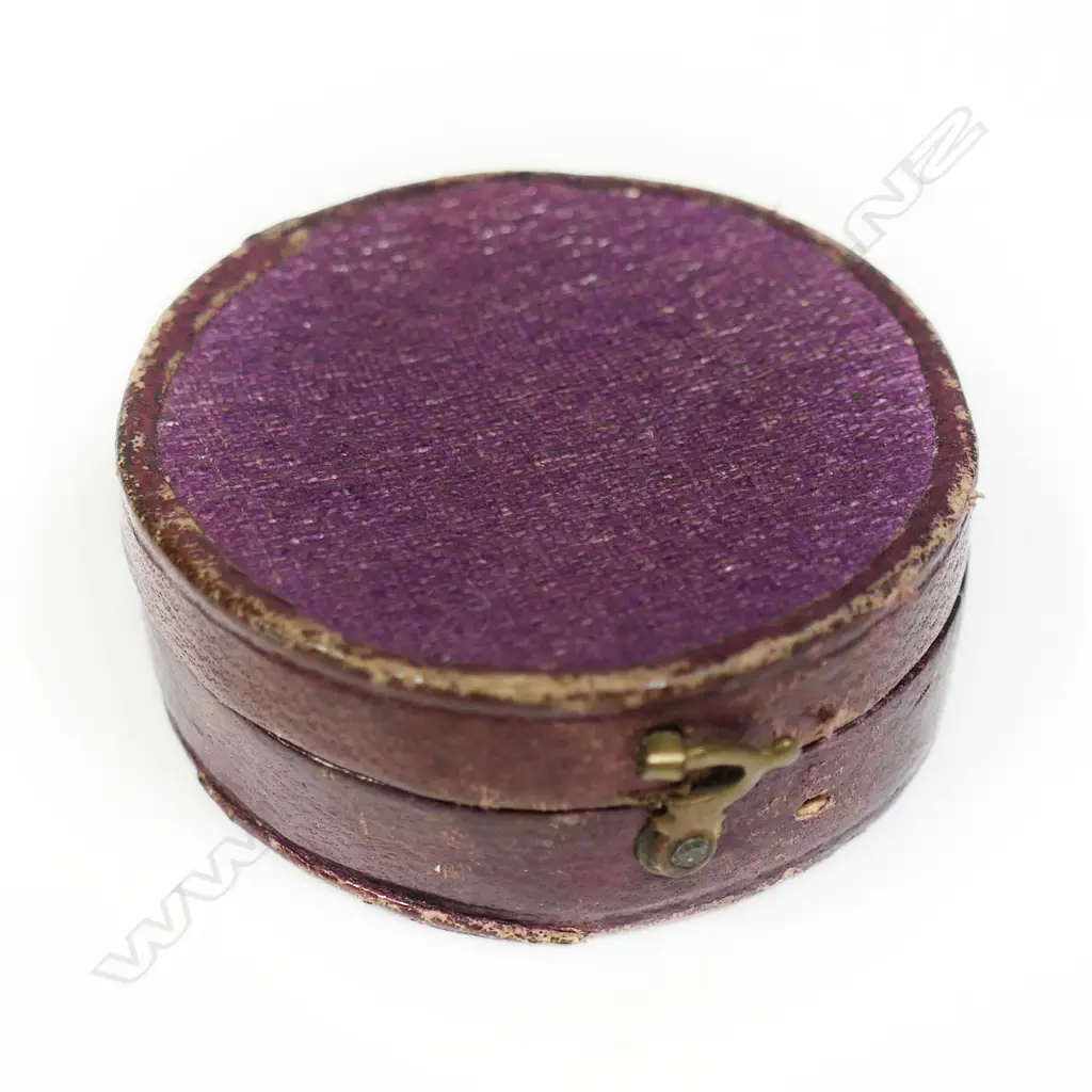 Four small pocket compasses; three open face with fob suspension and a floating dial in purple leatherette hinged case, Image 1++