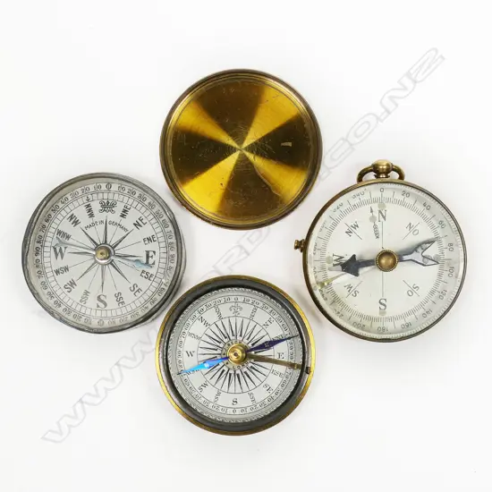 Three brass pocket compasses, all pivot needle, one with press lid by Beck, London,