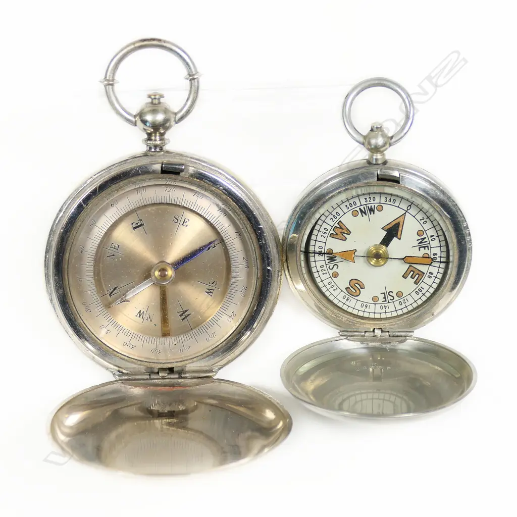 WWI nickel plated hunter pocket compass by Clement Clarke Ltd, London; and another, unnamed, Image 1++