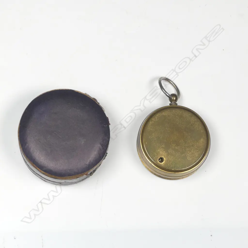 Two 19thC brass pocket aneroid barometer-altimeters, one red leatherette cased, both with suspension rings, Image 1++