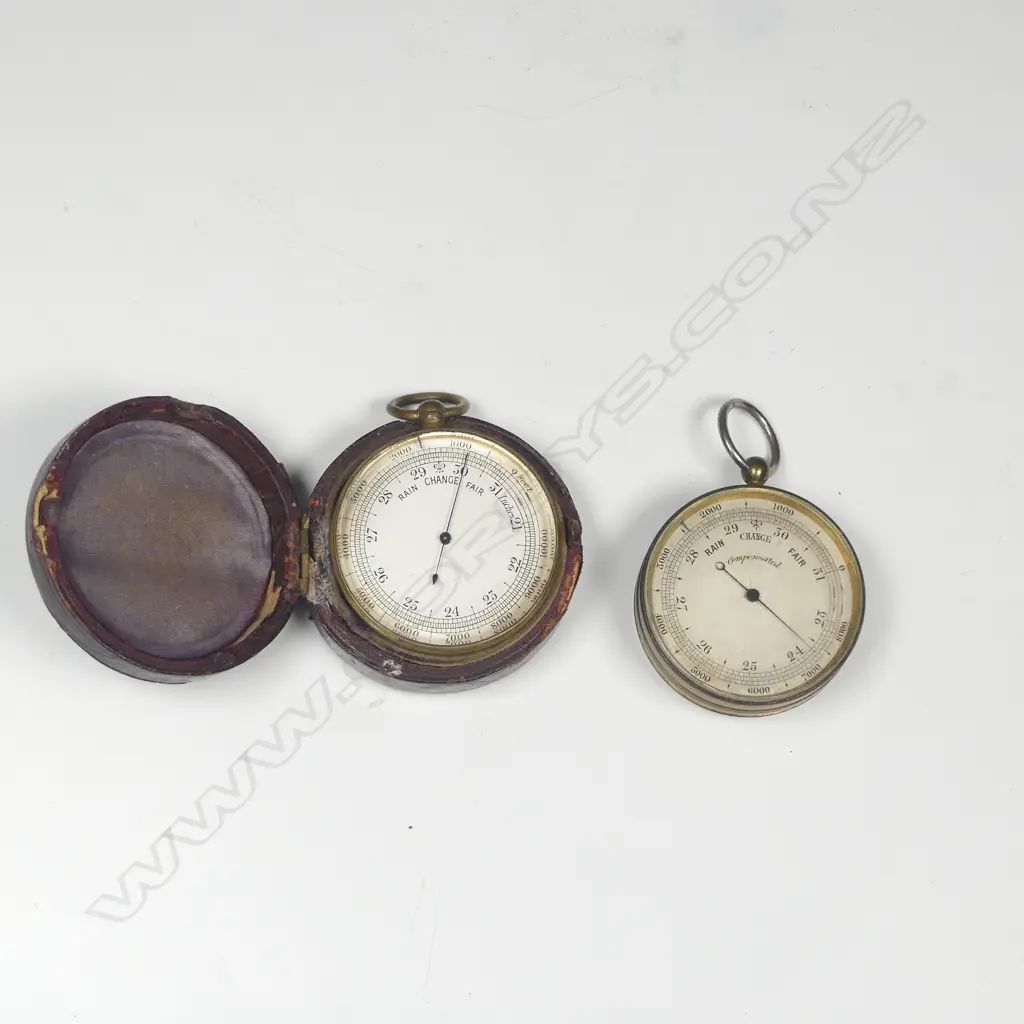 Two 19thC brass pocket aneroid barometer-altimeters, one red leatherette cased, both with suspension rings, Image 1++