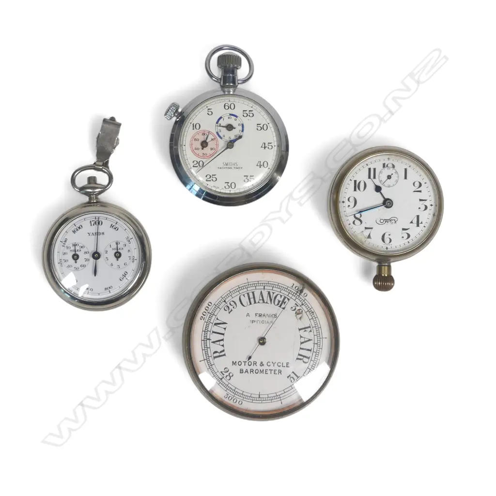 Pocket watch-type pedometer; Smiths Yachting Timer; A. Franks Opticians 'Motor & Cycle Barometer'; and Cowey pocket watch, Image 1++