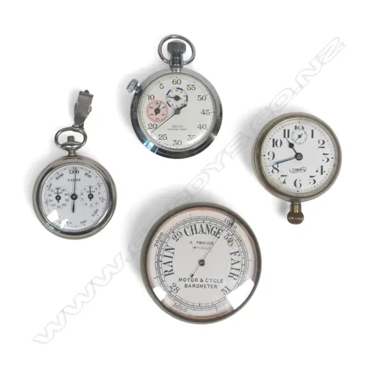 Pocket watch-type pedometer; Smiths Yachting Timer; A. Franks Opticians 'Motor & Cycle Barometer'; and Cowey pocket watch,