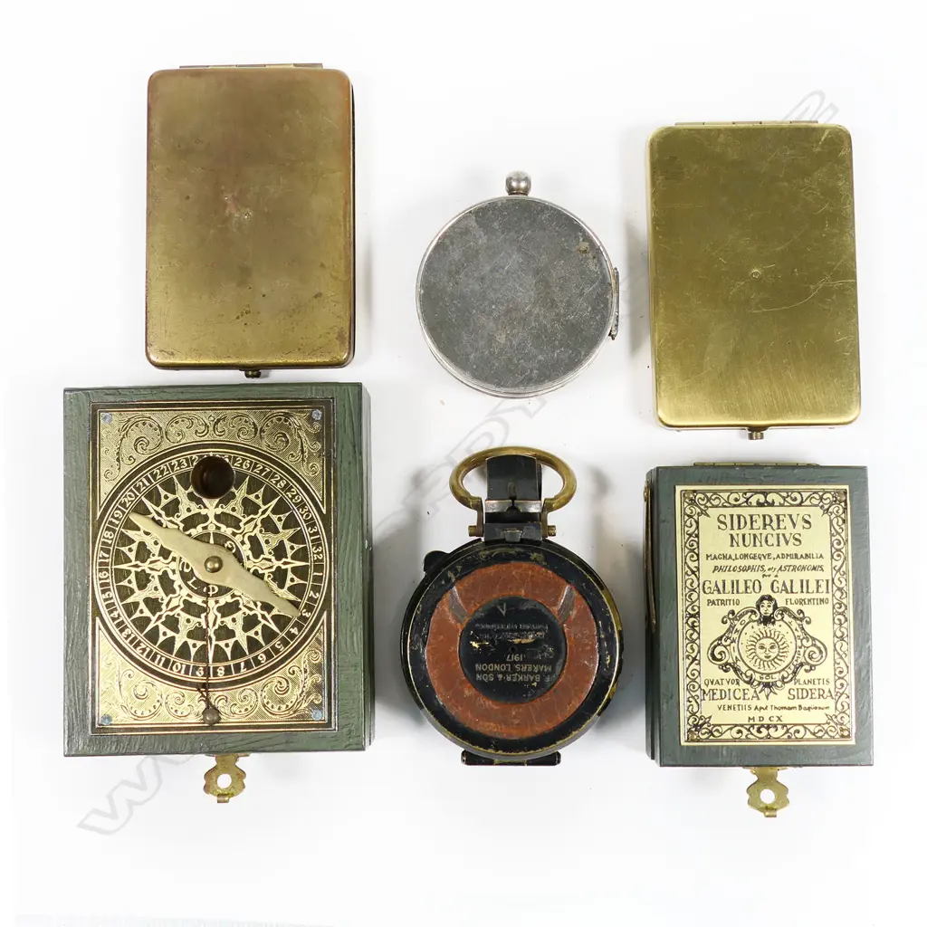Two modern portable sundials; two tin cased 'Sunwatches'; WWI Verner's compass case parts only; other compass parts. Image 1++